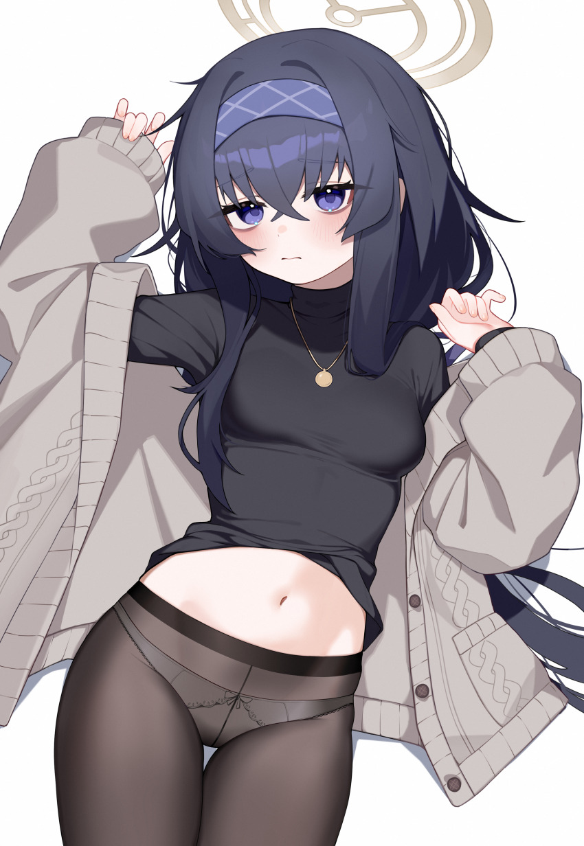 1girl absurdres black_hair black_pantyhose black_shirt blue_archive blush breasts cardigan commentary hair_between_eyes hairband halo highres jewelry long_hair looking_at_viewer navel necklace panties panties_under_pantyhose pantyhose purple_eyes shirt simple_background sleeves_past_wrists small_breasts solo stomach thigh_gap thighs ui_(blue_archive) underwear variant_set white_background xiaoyu_chiaki