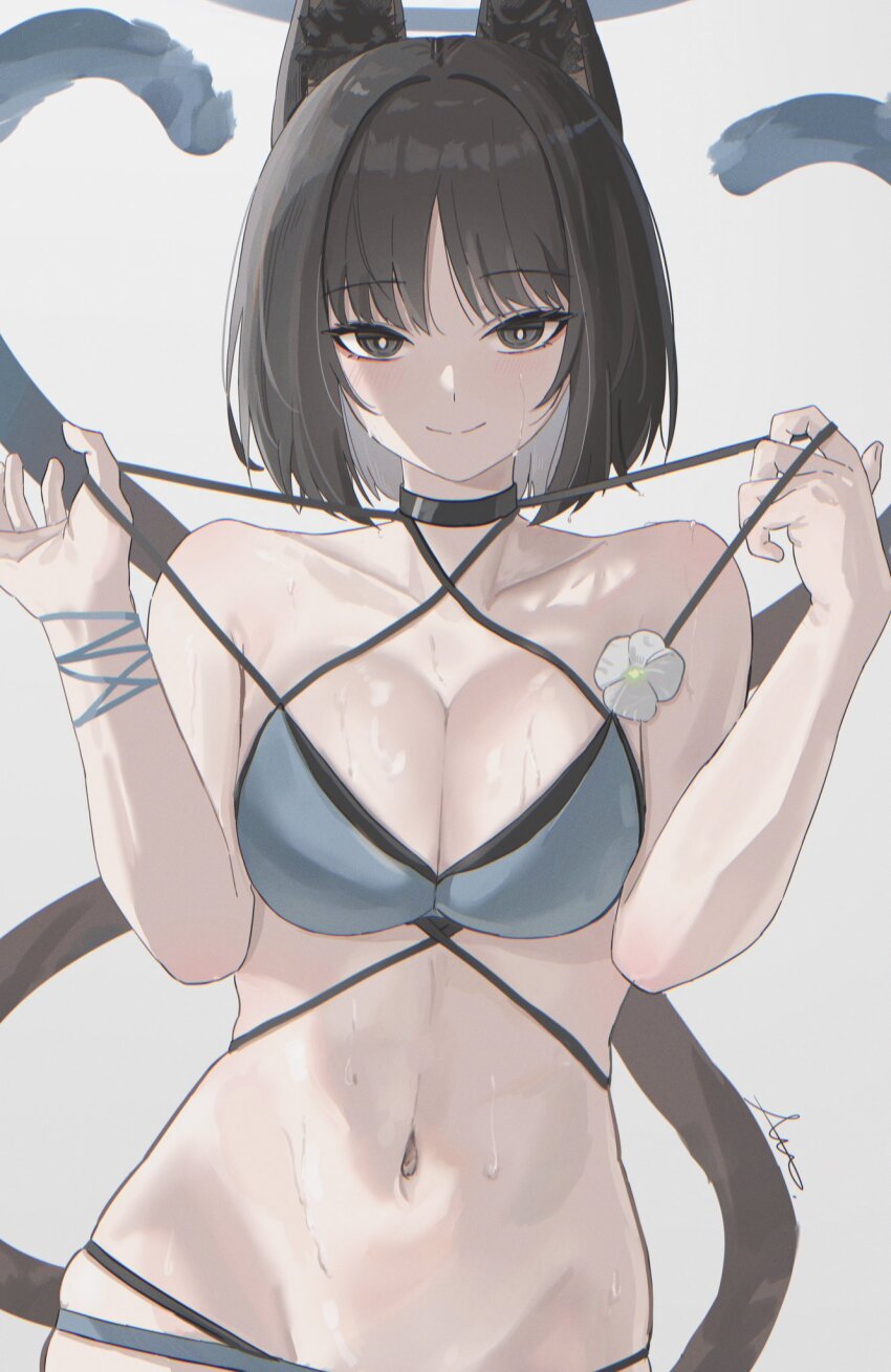 animal_ears bikini black_eyes black_tail blue_archive blue_bikini blue_halo blue_tail cat_ears cat_girl cat_tail colored_inner_animal_ears criss-cross_straps gradient_tail halo highres kikyou_(blue_archive) kikyou_(swimsuit)_(blue_archive) layered_bikini multi-strapped_bikini_bottom multiple_tails official_alternate_costume swimsuit tail timberg12138 two_tails
