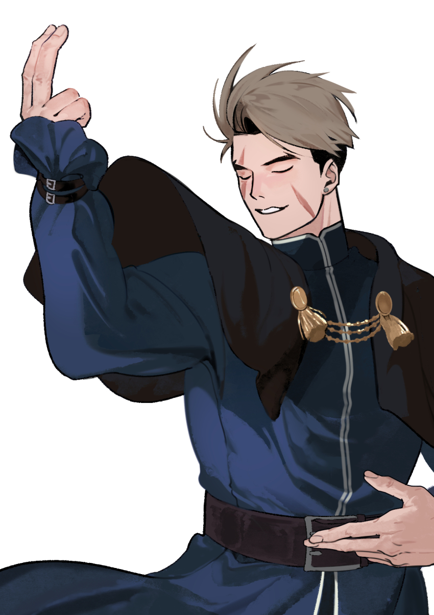 1boy \||/ arm_up belt belt_buckle black_belt black_hair blonde_hair blue_coat buckle closed_eyes coat collared_coat cosplay ear_piercing earrings facial_scar forked_eyebrows frilled_sleeves frills goenitz goenitz_(cosplay) hexermer highres jewelry long_sleeves luke_sullivan male_focus multicolored_hair multiple_scars piercing scar scar_across_eye scar_on_cheek scar_on_face shoulder_pads sideburns simple_background smile solo street_fighter street_fighter_6 teeth the_king_of_fighters two-tone_hair upper_body white_background wrist_belt