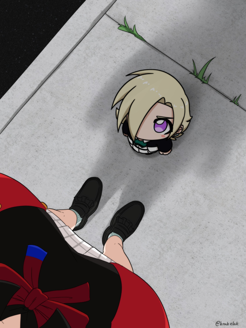 2girls absurdres alternate_size black_footwear black_jacket black_shirt blonde_hair blush_stickers breasts chibi collared_shirt commentary dress_shirt female_pov grass green_ribbon grey_socks hair_over_one_eye highres jacket krakelak large_breasts letterman_jacket loafers long_sleeves looking_at_viewer love_live! love_live!_nijigasaki_high_school_idol_club mia_taylor miniskirt multicolored_jacket multiple_girls neck_ribbon nijigasaki_school_uniform no_mouth open_clothes open_jacket outdoors plaid_clothes plaid_skirt pleated_skirt pov purple_eyes red_jacket red_ribbon ribbon school_uniform shadow shirt shoes short_hair sidewalk size_difference skirt socks twitter_username two-tone_jacket white_jacket white_shirt white_skirt winter_uniform zhong_lanzhu