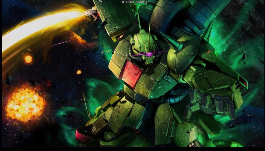 cable copyright_logo debris energy_field energy_sword glowing gundam gundam_battle_operation_2 gundam_zz machinery mecha mecha_focus mobile_suit neo_zeon newtype_flash no_humans official_art painting_(medium) radio_antenna realistic robot scan science_fiction star_(sky) sword tenjin_hidetaka thrusters traditional_media vernier_thrusters weapon zaku_iii zaku_iii_custom