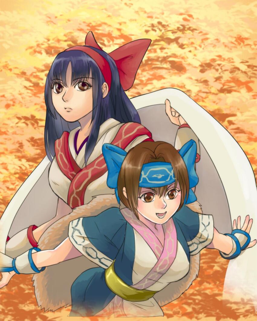 2girls ainu_clothes blue_hair breasts brown_eyes brown_hair fingerless_gloves gloves hair_ribbon highres large_breasts leaning_forward long_hair multiple_girls nakoruru open_mouth ribbon rimururu samurai_spirits serious short_hair siblings sisters smile snk teeth tongue