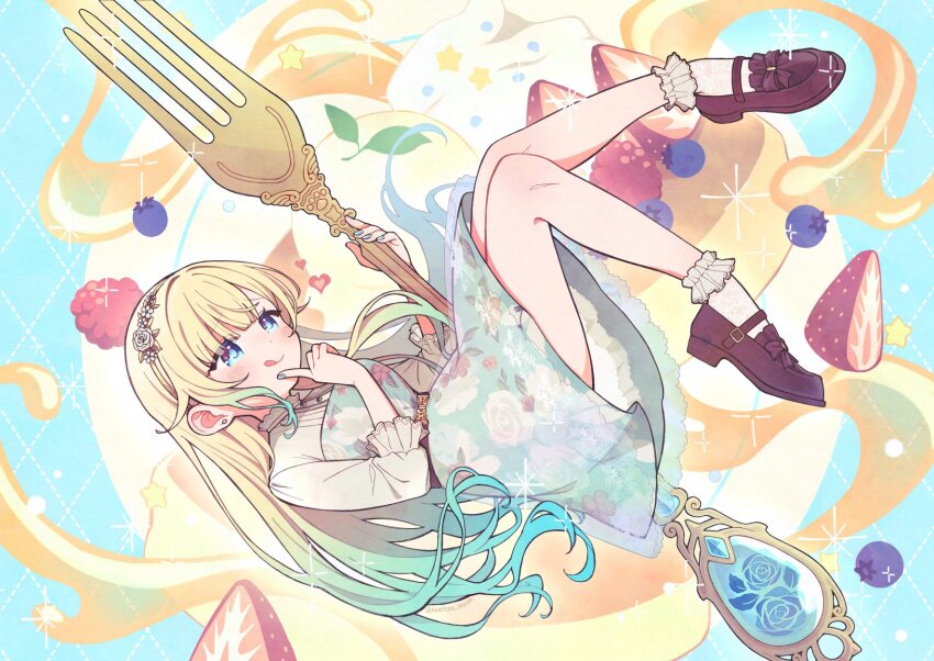 1girl :q aizawa_ema aizawa_ema_(3rd_costume) aqua_dress belt blonde_hair blue_eyes blue_hair blue_nails blunt_bangs breasts brown_belt dress earrings fingernails floral_print flower food fork frilled_socks frills fruit full_body gradient_hair hair_flaps hair_flower hair_ornament half-sleeves haremoto headband highres holding holding_fork jewelry lace lace-trimmed_collar lace-trimmed_dress lace-trimmed_shirt lace-trimmed_sleeves lace_trim light_blush long_hair medium_breasts multicolored_hair nail_polish print_socks see-through_skirt_layer shirt smile socks solo swept_bangs tongue tongue_out twitter_username virtual_youtuber vspo!