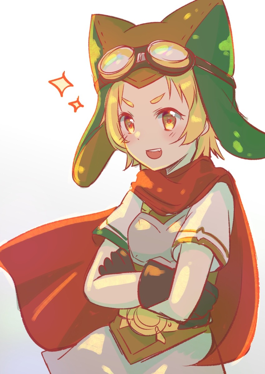 1girl :d animal_ears animal_hat armor black_gloves blonde_hair blush breastplate brown_eyes brown_hat cape crossed_arms fake_animal_ears female_focus gloves goggles goggles_on_headwear gradient_background grey_background grey_skirt gucchiann hat highres looking_at_viewer matsuri_(princess_connect!) open_mouth parted_bangs princess_connect! red_cape shirt short_sleeves skirt smile solo sparkle teeth upper_teeth_only v-shaped_eyebrows white_background white_shirt