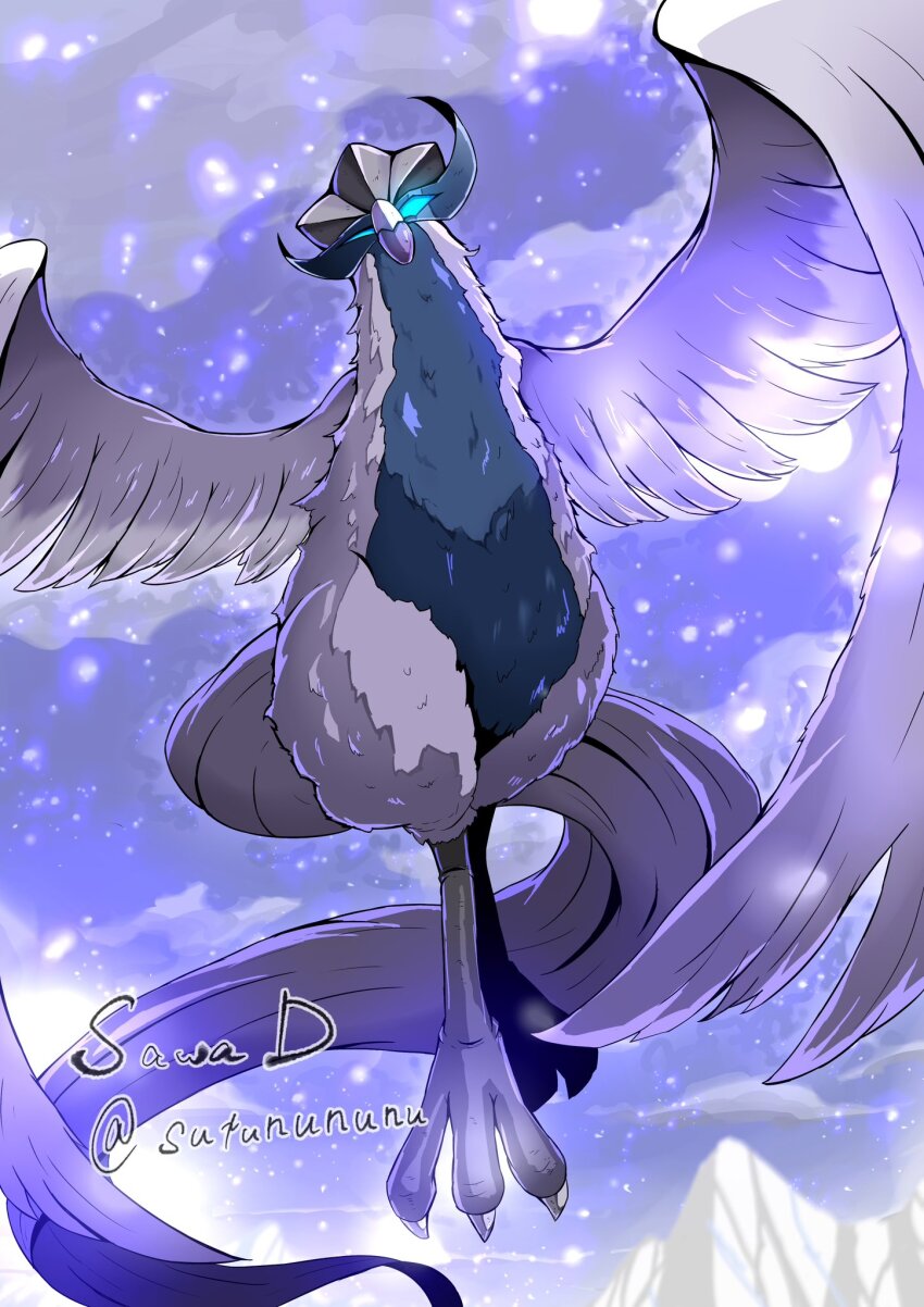 beak bird blue_eyes galarian_articuno galarian_form gen_8_pokemon grey_feathers grey_wings highres legendary_pokemon midair nintendo no_humans pokemon pokemon_(creature) pokemon_focus sawa_d solo talons wings