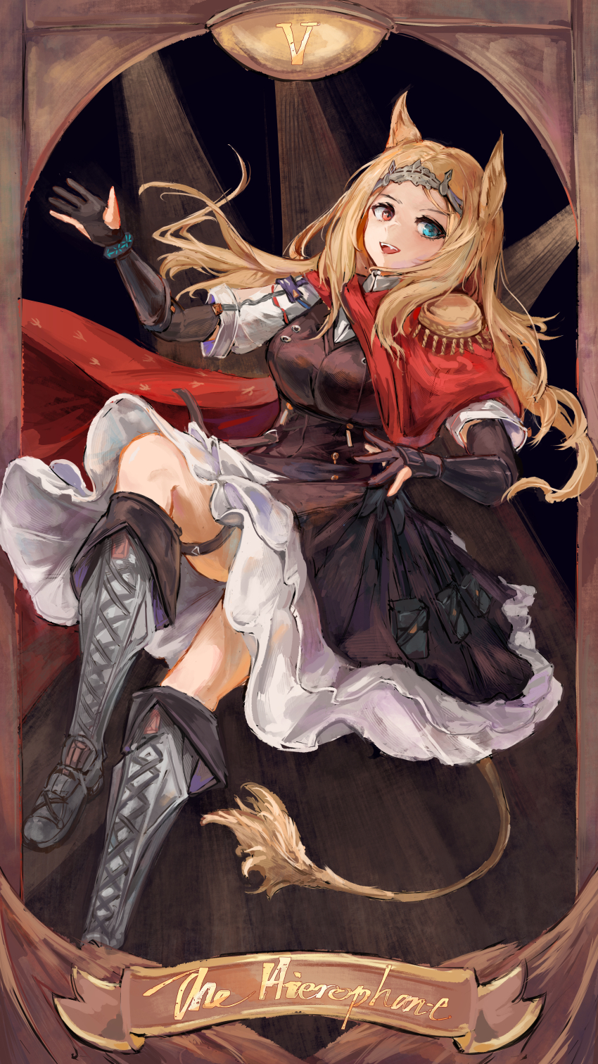 1girl absurdres animal_ears archetto_(arknights) arknights black_dress black_gloves blonde_hair blue_eyes breasts cape card_(medium) collared_shirt dress english_text epaulettes gloves heterochromia highres infection_monitor_(arknights) karenncat lion_ears lion_girl lion_tail long_hair looking_at_viewer open_mouth red_cape red_eyes roman_numeral shirt single_epaulette skirt smile solo tail tarot tarot_(medium) teeth the_hierophant_(tarot) thigh_strap tiara upper_teeth_only white_shirt