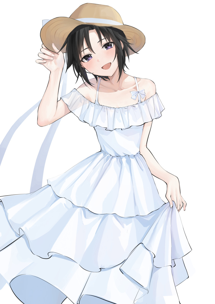 1girl absurdres aburi-gatana adjusting_clothes adjusting_headwear bare_shoulders black_hair collarbone cowboy_shot dress eyelashes frilled_dress frills hat highres idolmaster idolmaster_(classic) idolmaster_million_live! idolmaster_million_live!_theater_days kikuchi_makoto light_blush looking_at_viewer messy_hair off-shoulder_dress off_shoulder open_mouth purple_eyes ribbon short_hair skirt_hold solo straw_hat sun_hat sundress white_background white_dress white_ribbon