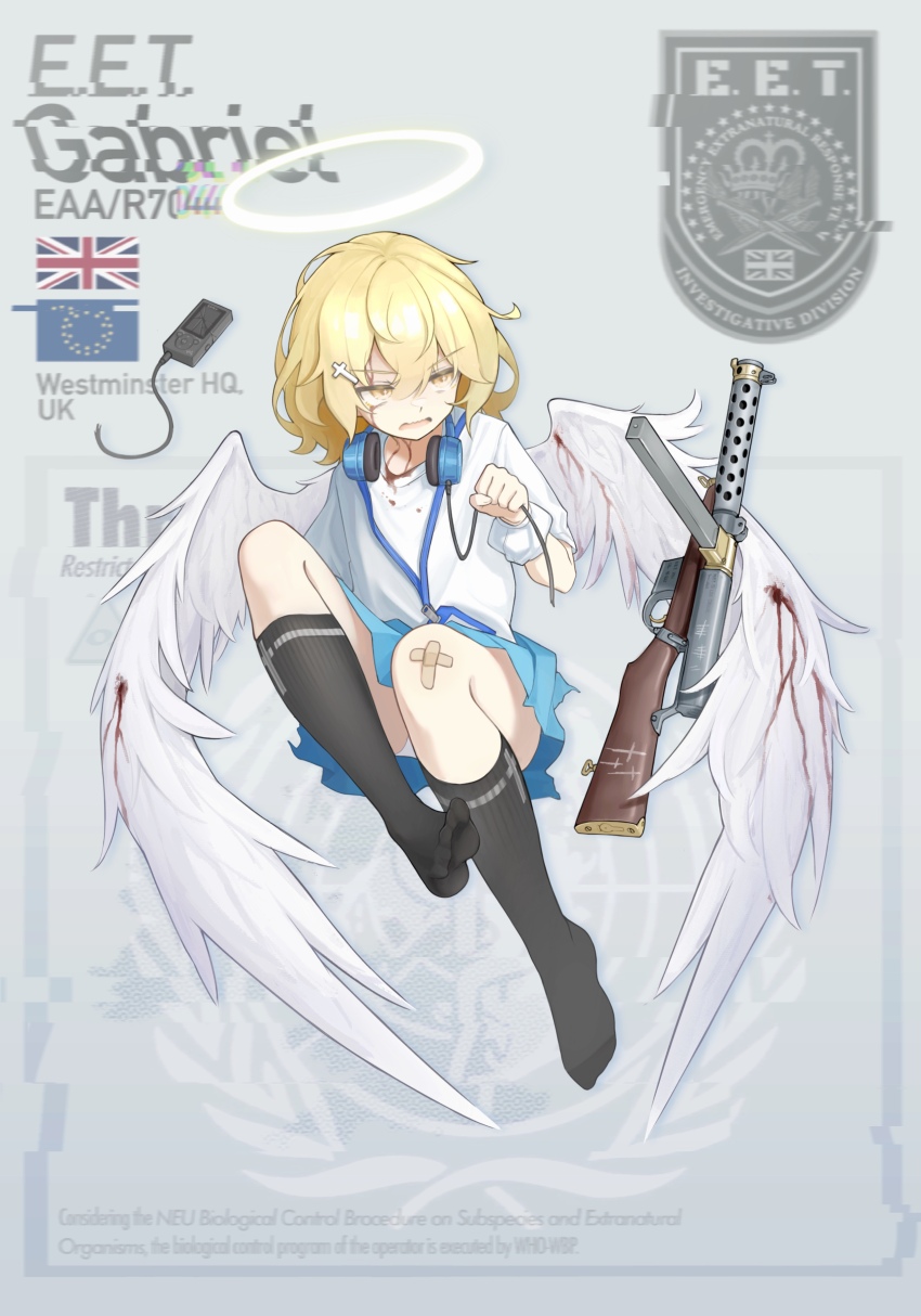 1girl absurdres angel angel_wings arm_warmers bandaid bandaid_on_knee bandaid_on_leg black_socks blonde_hair blood blood_on_clothes blood_on_neck bloody_tears bloody_wings blue_skirt broken closed_eyes clothes_writing commentary cracked_screen cross_hair_ornament curly_hair digital_media_player digital_walkman emblem english_commentary english_text fang flag floating full_body gabriel_(jerry_wang) glitch gun hair_ornament halo headphones headphones_around_neck highres id_card jerry_wang lanchester_smg lanyard open_mouth original pleated_skirt shirt short_hair short_sleeves simple_background skin_fang skirt socks solo submachine_gun thighs torn_clothes torn_skirt union_jack walkman_e_series weapon weapon_on_back white_background white_shirt white_wings wings yellow_halo