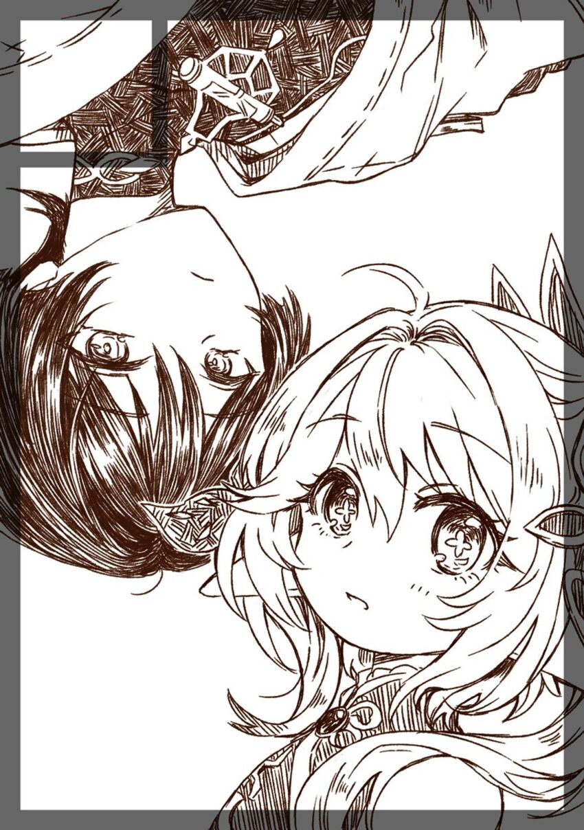 1boy 1girl ahoge black_bodysuit blunt_ends bodysuit border closed_mouth covered_collarbone cross-shaped_pupils crosshatching dress genshin_impact grey_border hair_between_eyes hair_intakes hair_ornament hatching_(texture) highres japanese_clothes kimono leaf leaf_hair_ornament light_blush linear_hatching looking_at_viewer mandarin_collar monochrome nahida_(genshin_impact) open_clothes open_kimono parted_lips pointy_ears scaramouche_(genshin_impact) shoulder_peek sidelocks single_bare_shoulder symbol-shaped_pupils transparent_border upside-down wanderer_(genshin_impact) woven_hatching yamo_(sky2world)