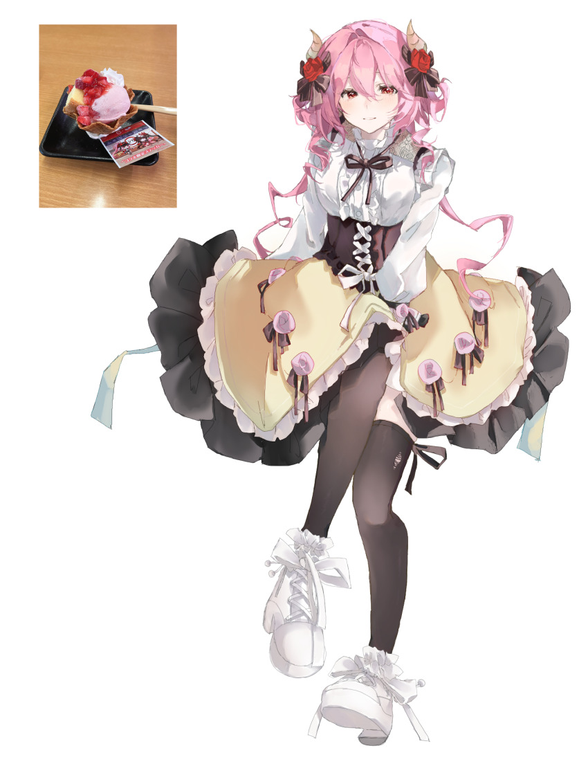 1girl black_skirt boots brown_corset brown_ribbon commentary_request corset flower food frilled_shirt frilled_skirt frills full_body hair_between_eyes hair_flower hair_ornament highres honkai:_star_rail honkai_(series) horns humanization ice_cream light_blush long_hair long_sleeves looking_at_viewer miyabi_(inarizushi) original parted_lips photo-referenced pink_hair puffy_sleeves rappa_(honkai:_star_rail) red_eyes red_flower ribbon shirt sidelocks simple_background sitting skirt solo sparkle_(honkai:_star_rail) thighhighs thighs torn_clothes torn_thighhighs white_background white_boots yellow_skirt