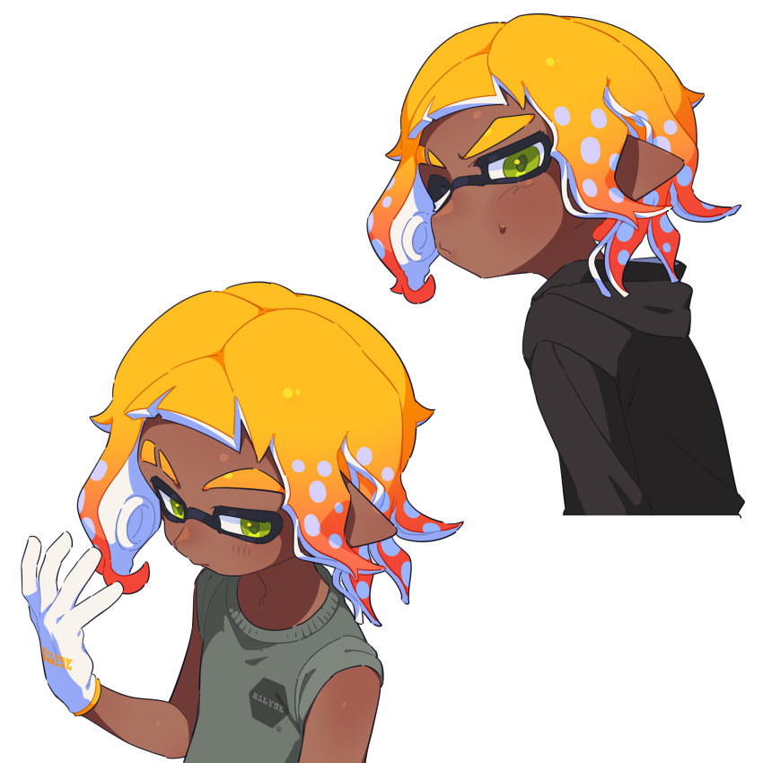 1boy absurdres black_hoodie blonde_hair dark-skinned_male dark_skin eyebrow_cut gloves gradient_hair green_eyes grey_shirt highres hood hood_down hoodie inkling inkling_boy inkling_player_character male_focus multicolored_hair multiple_views nintendo one_eye_closed orange_hair pointy_ears shirt short_hair simple_background splatoon_(series) surume01417 tentacle_hair thick_eyebrows white_background white_gloves