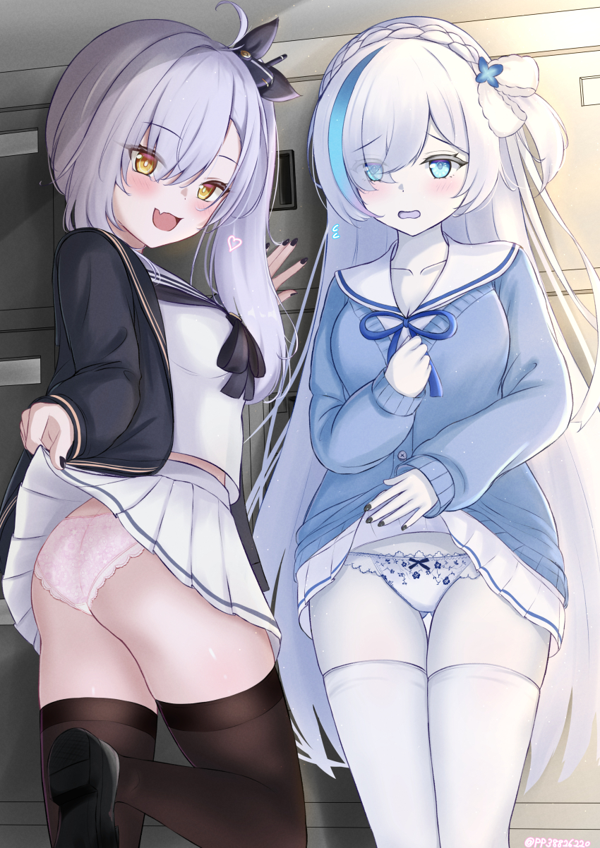 2girls absurdres ass azur_lane black_jacket black_nails black_neckerchief black_sailor_collar black_shoes black_thighhighs blue_eyes blue_hair blush braid clothes_lift colored_skin hair_over_one_eye heart highres jacket long_hair looking_at_viewer medium_hair multiple_girls neckerchief oceana_(azur_lane) open_mouth paashe panties pink_panties purple_hair sailor_collar shirt shoes side_ponytail siren_(azur_lane) skirt skirt_lift tb_(azur_lane) tb_(type-l)_(azur_lane) thighhighs underwear very_long_hair white_hair white_panties white_shirt white_skin white_skirt white_thighhighs yellow_eyes