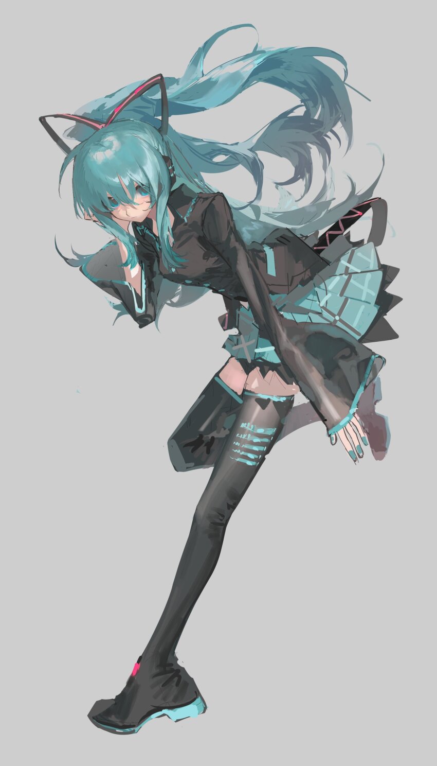 1girl absurdres aqua_eyes aqua_hair aqua_nails aqua_skirt black_boots boots diurtion hatsune_miku hatsune_miku_(if) headphones highres ponytail skirt thigh_boots vocaloid