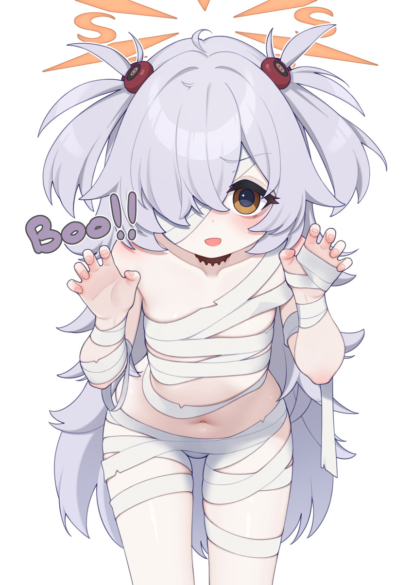 1girl absurdres ahoge alternate_costume bags_under_eyes bandage_over_one_eye bandaged_arm bandaged_hand bandaged_leg bandages blue_archive blush brown_eyes brown_halo chest_sarashi claw_pose collarbone commentary cosplay dot_nose english_commentary english_text fingernails flat_chest grey_hair hair_between_eyes hair_bobbles hair_intakes hair_ornament hair_over_one_eye halloween_costume halo hands_up highres kanoe_(blue_archive) leaning_forward loli long_hair looking_at_viewer lucasyecla99 mummy_costume naked_bandage navel one_eye_covered open_mouth pale_skin sarashi scar scar_on_neck simple_background smile solo standing stomach swept_bangs thigh_gap thighs two_side_up very_long_hair white_background
