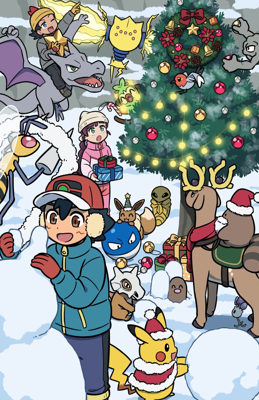 1girl 2boys :d aerodactyl alternate_color ash_ketchum beedrill black_hair box brown_eyes chloe_(pokemon) christmas christmas_lights christmas_ornaments christmas_tree clothed_pokemon commentary cubone day diglett eevee fletchling game_freak gen_1_pokemon gen_2_pokemon gen_6_pokemon gen_7_pokemon gen_8_pokemon geodude gift gift_box gloves goh_(pokemon) grookey hat highres holding jacket kakuna legendary_pokemon morelull multiple_boys nintendo open_mouth outdoors pants pikachu pointing pokemon pokemon_(anime) pokemon_(creature) pokemon_journeys red_hat regieleki ribbon riding riding_pokemon sentret shiny_pokemon shuan_0420 smile snow snow_sculpture standing stantler symbol-only_commentary tinsel voltorb yellow_ribbon