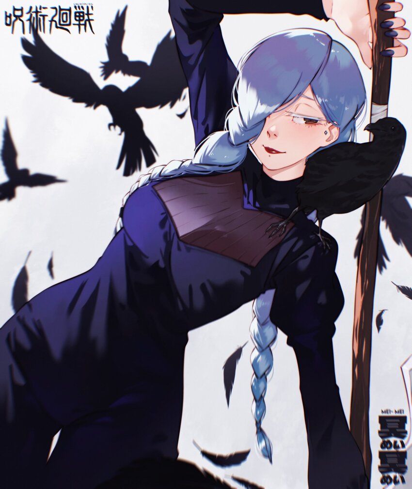 1girl bird braid breasts cesar_art456 character_name crow hair_over_one_eye highres holding holding_weapon jujutsu_kaisen lips long_hair long_sleeves mature_female mei_mei_(jujutsu_kaisen) solo weapon white_background