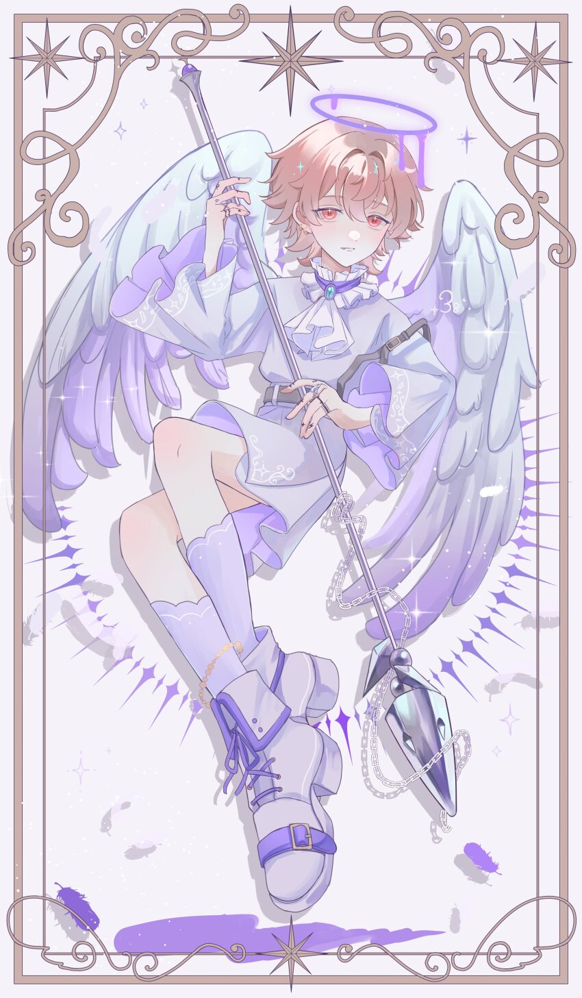 1boy absurdres alternate_costume angel angel_wings blush full_body halo highres holding holding_polearm holding_weapon looking_at_viewer male_focus melting_halo miya_(38magical) paradox_live pink_hair polearm purple_shirt purple_shorts purple_socks red_eyes rokuta_(paradox_live) shirt short_hair shorts socks solo sparkle spear weapon wings