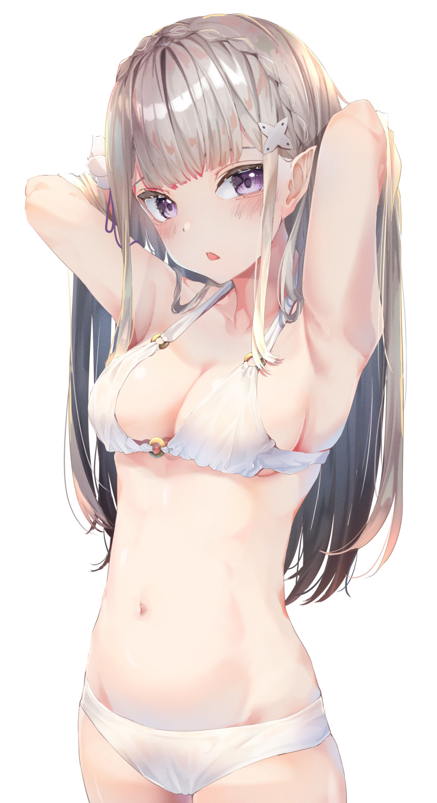 1girl absurdres armpits blunt_bangs blush bra braid breasts cleavage collarbone emilia_(re:zero) hair_ornament highres large_breasts light_brown_hair long_hair looking_at_viewer navel panties parted_lips purple_eyes re:zero_kara_hajimeru_isekai_seikatsu simple_background solo standing underwear white_background white_bra white_panties yuunamida_uyu