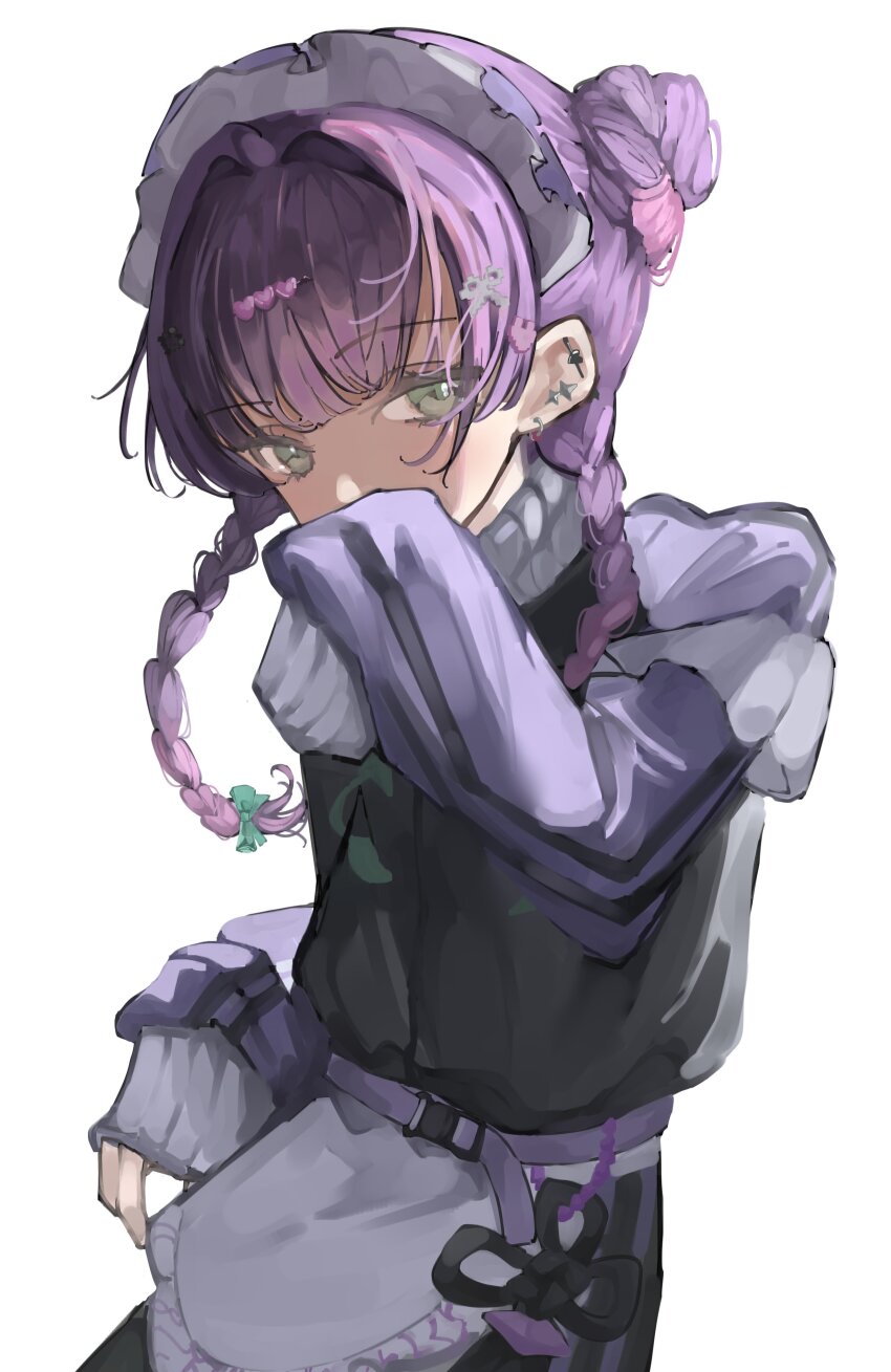 1girl absurdres apron barbell_piercing blush braid covering_own_mouth demon_tail double_bun ear_piercing earrings fingernails floral_print_jacket green_eyes hair_bun highres hololive industrial_piercing jacket jewelry kafune leg_warmers looking_at_viewer maid maid_apron maid_headdress multicolored_hair nail_polish official_alternate_costume official_alternate_hairstyle piercing purple_hair purple_nails shorts shorts_under_skirt simple_background skirt sleeves_past_wrists solo striped_clothes striped_shorts striped_skirt tail tail_ornament tail_piercing tokoyami_towa tokoyami_towa_(8th_costume) track_jacket twin_braids two-tone_hair unconventional_maid white_background