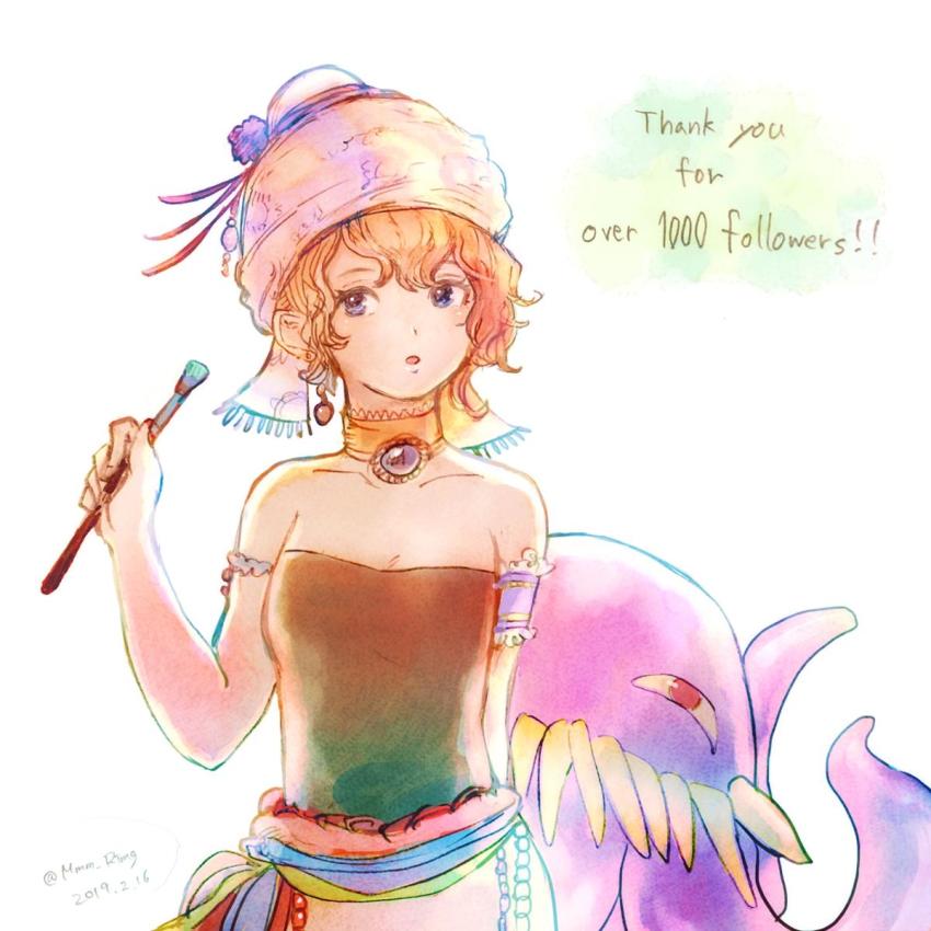1girl art_brush bare_shoulders blonde_hair blue_eyes breasts commentary_request earrings female_focus final_fantasy final_fantasy_vi hat highres jewelry looking_at_viewer monster octopus open_mouth paintbrush relm_arrowny short_hair simple_background solo tentacles ultros white_background