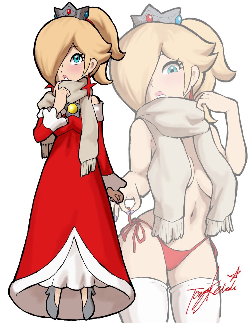 1girl alternate_color aqua_eyes blonde_hair breasts brooch crown dress earrings fire_rosalina hair_over_one_eye high_heels highres jewelry long_hair long_sleeves mario_(series) medium_breasts multiple_views nintendo off-shoulder_dress off_shoulder official_alternate_costume one_eye_covered ponytail red_dress rosalina scarf star_(symbol) star_brooch star_earrings super_mario_3d_world toggy_keiichi