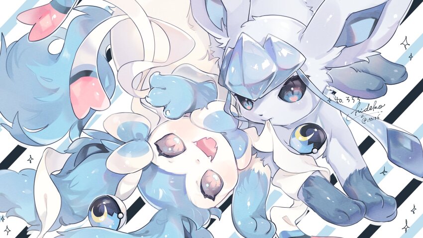 :d alternate_color animal_focus blue_eyes blue_fur blue_theme bright_pupils claws commentary commission fangs gen_4_pokemon gen_6_pokemon glaceon hideko_(l33l3b) highres looking_at_viewer lying moon_ball mouth_hold nintendo no_humans on_back on_stomach open_mouth pink_eyes poke_ball pokemon pokemon_(creature) reaching reaching_towards_viewer ribbon ribbon_in_mouth shiny_pokemon signature smile sparkle striped_background sylveon symbol-only_commentary twitter_username white_pupils
