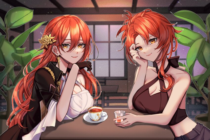 2girls absurdres black_coat black_gloves black_shorts breasts cleavage coat coffee coffee_mug color_connection company_connection crop_top cup dress drinking_glass earrings evangellium gloves hair_color_connection hand_on_own_cheek hand_on_own_face highres himeko_(honkai:_star_rail) honkai:_star_rail honkai_(series) honkai_impact_3rd indoors jewelry large_breasts long_hair mug multiple_girls murata_himeko name_connection orange_eyes red_hair shorts smile tanaka_rie voice_actor_connection white_dress wine_glass