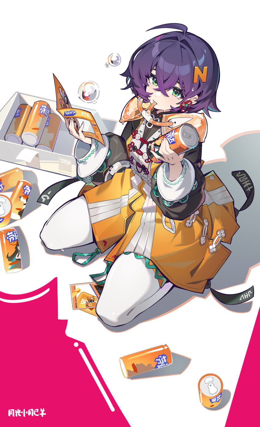 1girl absurdres ahoge artist_name belle_(delicate_sunlight)_(zenless_zone_zero) belle_(zenless_zone_zero) can chinese_text green_eyes hair_between_eyes hair_ornament highres holding holding_can jacket looking_at_viewer pantyhose purple_hair short_hair solo white_pantyhose yueguang_xiaofeiyang zenless_zone_zero