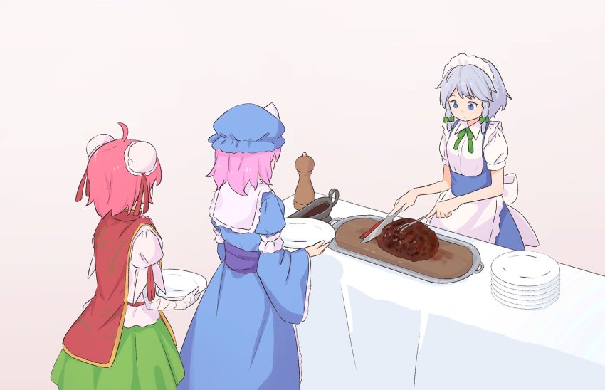 3girls apron bandaged_arm bandages beige_background blue_eyes blue_hat blue_kimono blue_sash bow braid bun_cover chinese_clothes closed_mouth collar collared_shirt commentary_request cutting cutting_board double_bun food food_request fork frilled_apron frilled_collar frills from_above gravy gravy_boat green_bow green_ribbon green_skirt grey_hair hair_bow hair_bun hair_ribbon hat highres holding holding_fork holding_knife holding_plate ibaraki_kasen izayoi_sakuya japanese_clothes kanpa_(campagne_9) kimono kitchen_knife knife long_sleeves maid maid_headdress meat mob_cap multiple_girls neck_ribbon obi pepper_(spice) pink_hair plate puffy_short_sleeves puffy_sleeves red_ribbon red_tabard ribbon saigyouji_yuyuko sash saucer shirt short_hair short_sleeves simple_background skirt soy_sauce tabard table tablecloth touhou triangular_headpiece twin_braids waist_apron waiting white_bow white_sash white_shirt wide_sleeves wing_collar