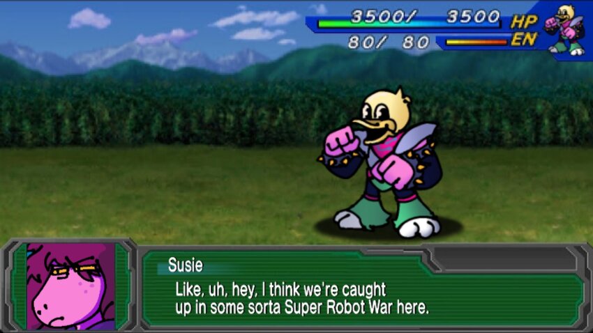 bird bracelet colored_skin copyright_name deltarune dialogue_box duck fake_screenshot gameplay_mechanics heads-up_display health_bar highres jewelry kittehkat8 mecha mecha_focus meme outdoors parody pink_skin portrait reptile_girl robot spiked_bracelet spikes srw_battle_screen super_robot_wars susie_(dark_world)_(deltarune) susie_(deltarune) thrash_machine user_interface