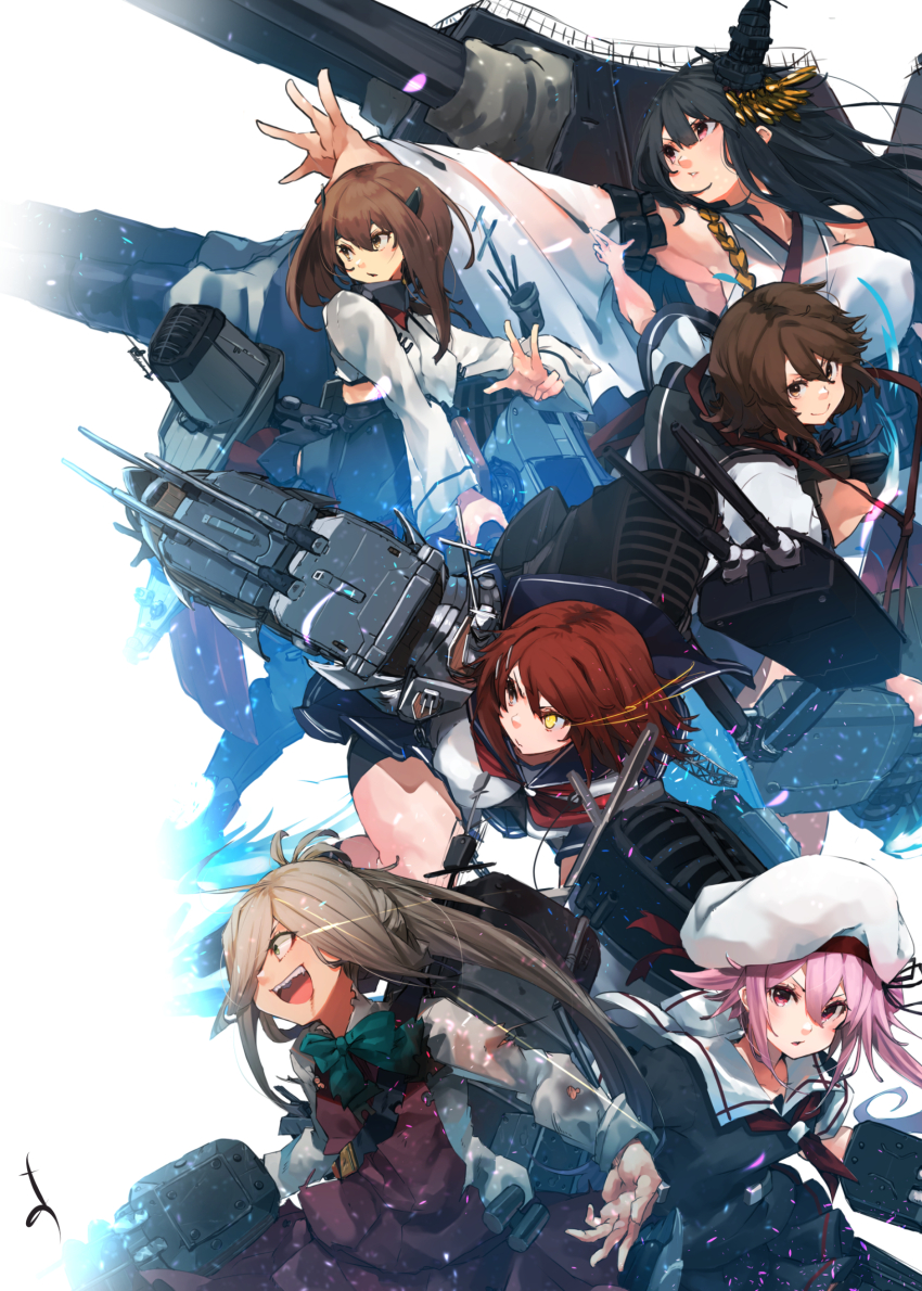 6+girls asashimo_(kancolle) bike_shorts bike_shorts_under_shorts black_hair black_sailor_collar black_serafuku bow bowtie breasts brown_hair detached_sleeves dress eye_trail furutaka_(kancolle) fusou_(kancolle) glowing glowing_eye grey_hair hair_between_eyes hair_over_one_eye harusame_(kancolle) hat headgear heterochromia highres japanese_clothes kantai_collection light_trail long_sleeves miyuki_(kancolle) miyuki_kai_ni_(kancolle) multiple_girls neckerchief open_mouth pink_hair ponytail rigging sailor_collar school_uniform serafuku shirt short_hair shorts sunday_aki taihou_(kancolle) torn_clothes white_sailor_collar white_shirt wide_sleeves