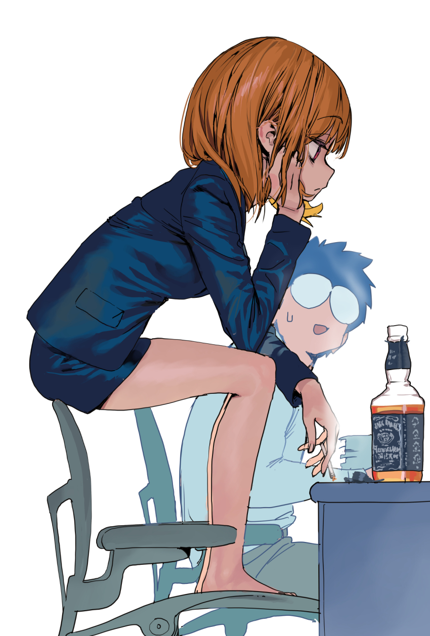 1boy 1girl black_hair cigarette commentary english_commentary from_side head_rest highres holding holding_cigarette orange_hair original sekoshi_(some1else45) short_hair some1else45 sweatdrop white_background