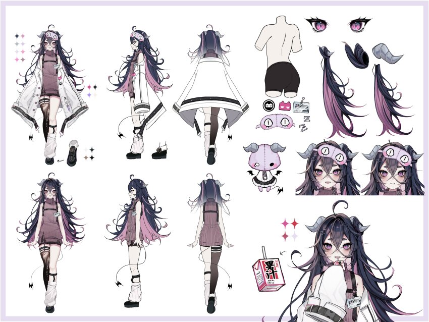 1boy absurdres ahoge armpit_crease asymmetrical_legwear bags_under_eyes belt beryl_beru bike_shorts black_belt black_hair reference_sheet demon demon_horns demon_tail garter_straps hair_between_eyes hair_on_horn highres horns id_card indie_virtual_youtuber juice_box lab_coat long_hair long_hair_between_eyes moenaomii_(artist) multicolored_hair off_shoulder oversized_clothes pink_eyes pink_hair sharp_teeth sleep_mask sleeveless_turtleneck_sweater sleeves_past_fingers sleeves_past_wrists stuffed_demon sweater tail teeth thick_eyebrows torn_clothes torn_sweater trap turtleneck turtleneck_sweater two-tone_hair vial virtual_youtuber zipper zipper_pull_tab