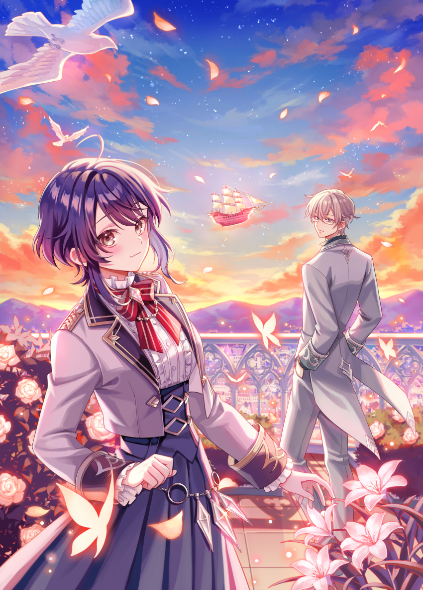 1boy 1girl absurdres aircraft airship bird black_skirt blonde_hair blush bow bowtie breasts bug butterfly clenched_hand closed_mouth cloud collar cover cover_page crossed_bangs double-parted_bangs dove epaulettes evening fantasy flower formal_clothes frilled_collar frilled_shirt frilled_sleeves frills glasses glowing_butterfly green_eyes grey_jacket grey_pants grey_suit guard_rail hands_in_pockets high-waist_skirt highres hill insect jacket knee_up lapels long_skirt long_sleeves looking_at_viewer looking_back mast medium_hair novel_cover official_art original pants petals purple_hair red_bow red_bowtie rose_bush sail shirt short_hair sidelocks skirt small_breasts smile star_(sky) striped_bow striped_bowtie striped_clothes suit suit_jacket sunset suzaku_(zaku6584) tailcoat tile_floor tiles town white_shirt wrist_cuffs