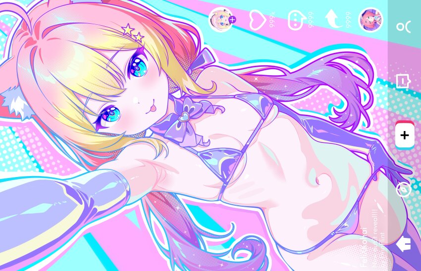 1girl :p absurdres ahoge animal_ears armpits bare_shoulders bikini blonde_hair blue_eyes breasts cat_ears character_request copyright_request detached_collar elbow_gloves finn_flint gift_art gloves hair_ornament highres long_hair looking_at_viewer low_twintails micro_bikini navel outstretched_arm selfie small_breasts solo star_(symbol) star_hair_ornament string_bikini swimsuit thighhighs tongue tongue_out twintails virtual_youtuber