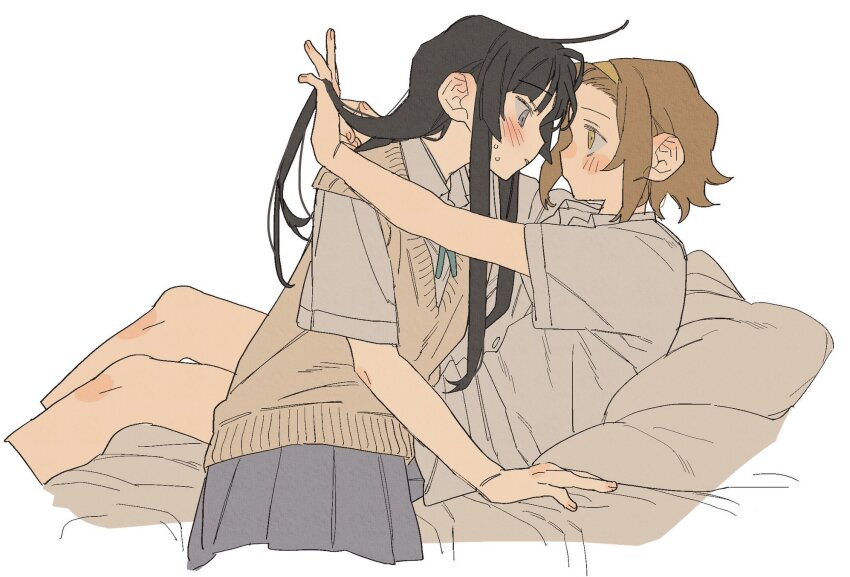 2girls akiyama_mio black_hair blush brown_hair collared_shirt commentary_request dayama grey_eyes grey_shirt grey_skirt hairband hand_in_another&#039;s_hair highres k-on! long_hair multiple_girls parted_lips pleated_skirt shirt short_hair skirt sweat tainaka_ritsu yellow_eyes yellow_hairband yuri