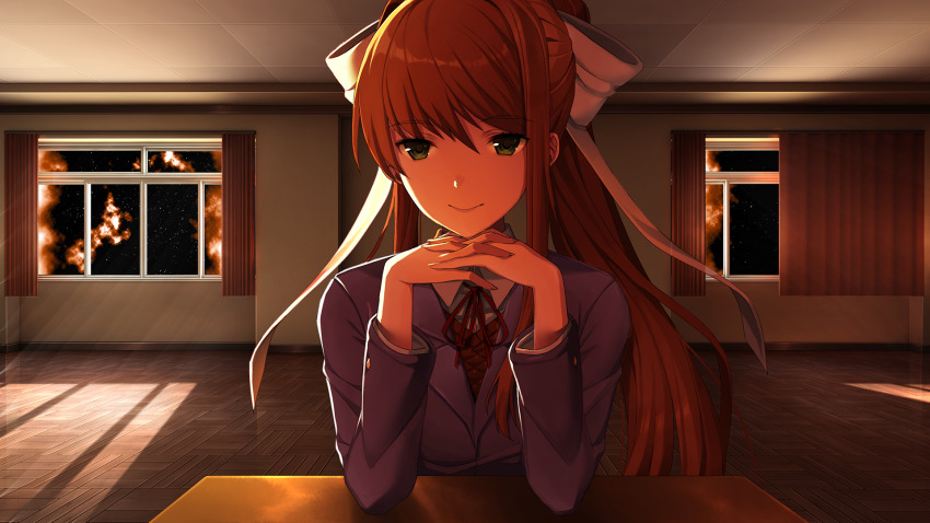 1girl blazer bow brown_hair brown_sweater_vest button_gap ceiling classroom closed_mouth collared_shirt commentary curtains dark desk doki_doki_literature_club doki_doki_literature_club_school_uniform dot_nose dress_shirt elbow_rest elbows_on_table english_commentary eyebrows_hidden_by_hair fingernails floating_hair galaxy game_cg green_eyes grey_jacket hair_bow half-closed_eyes hands_on_own_chin head_on_hands high_ponytail highres indoors interlocked_fingers jacket large_bow light_rays long_eyelashes long_fingernails long_hair long_sidelocks long_sleeves looking_at_viewer monika_(doki_doki_literature_club) neck_ribbon non-web_source official_art ponytail red_ribbon ribbon satchely school_desk school_uniform shirt sidelocks sitting smile solo space sparkling_eyes star_(sky) straight-on sweater_vest swept_bangs thick_eyelashes tile_ceiling tiles tsurime upper_body white_bow white_shirt window wing_collar wooden_floor