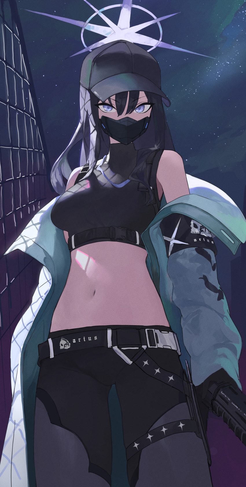 024th 1girl absurdres bare_shoulders baseball_cap belt black_belt black_hat black_pants black_shirt blue_archive blue_eyes blue_hair breasts commentary_request cowboy_shot crop_top grey_jacket hair_between_eyes hat highres jacket large_breasts long_hair long_sleeves looking_at_viewer mask midriff mouth_mask navel night night_sky off_shoulder open_clothes open_jacket outdoors pants saori_(blue_archive) shirt sky sleeveless sleeveless_shirt solo standing stomach