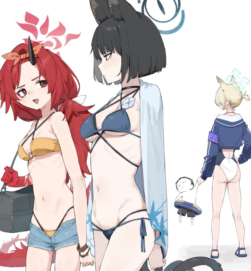 1boy 3girls absurdres animal_ears bag bikini black_hair black_horns blue_archive blue_bikini blunt_ends bob_cut breasts cat_ears criss-cross_halter denim denim_shorts distracted_boyfriend_(meme) doodle_sensei_(blue_archive) dragon_tail duffel_bag eye_contact halo halterneck highres holding holding_bag horns kanna_(blue_archive) kanna_(swimsuit)_(blue_archive) kikyou_(blue_archive) kikyou_(swimsuit)_(blue_archive) lonklink looking_at_another meme mini_person miniboy multi-strapped_bikini_bottom multiple_girls navel o-ring o-ring_bikini official_alternate_costume open_fly red_eyes red_hair renge_(blue_archive) renge_(swimsuit)_(blue_archive) sensei_(blue_archive) short_shorts shorts shoulder_bag simple_background single_horn small_breasts swimsuit tail white_background yellow_bikini