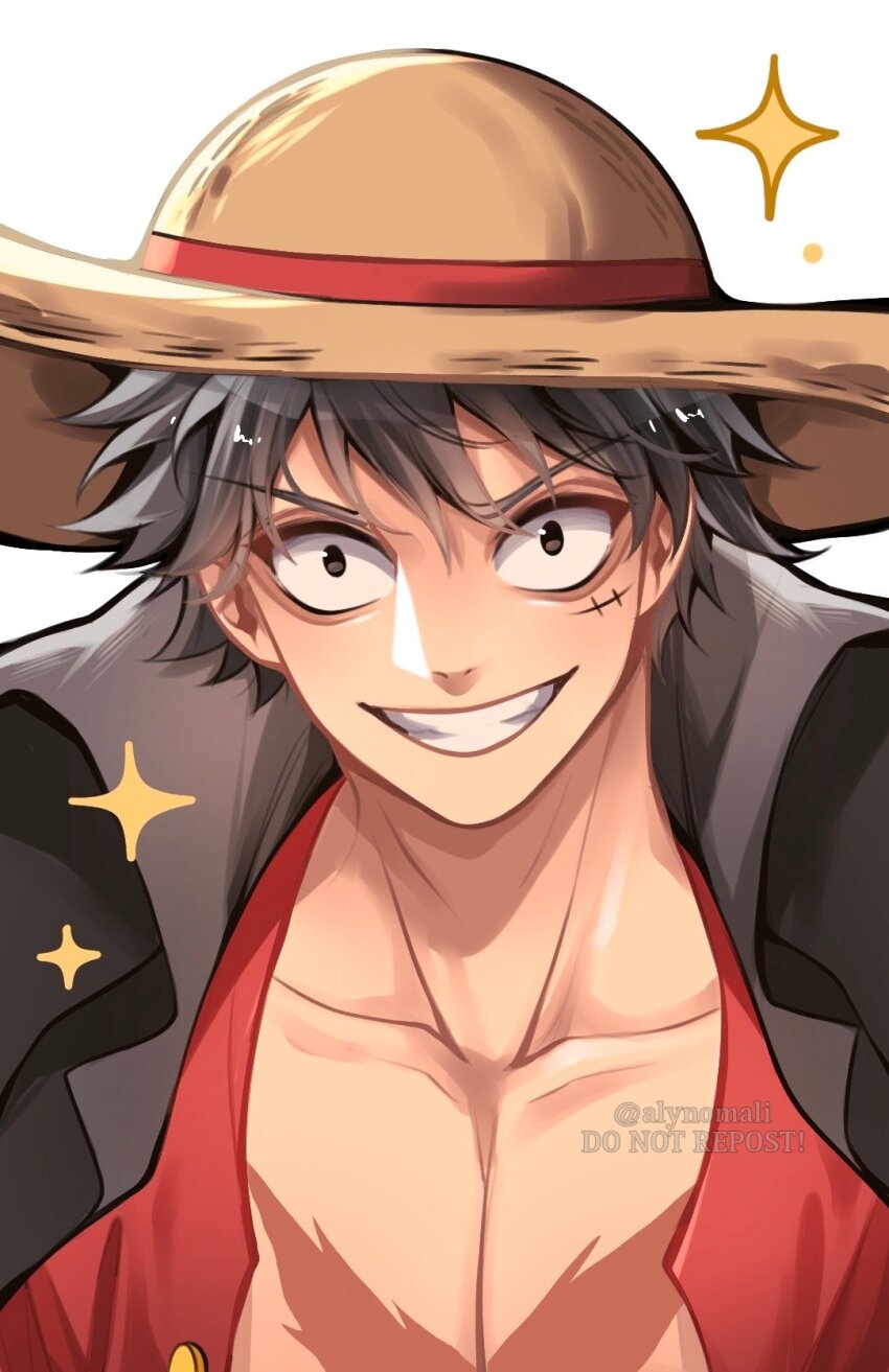 1boy alynomali artist_name black_eyes black_hair clenched_teeth collarbone commentary english_commentary english_text hat highres looking_at_viewer male_focus monkey_d._luffy one_piece open_clothes open_shirt red_shirt scar scar_on_chest scar_on_face shirt short_hair smile solo straw_hat teeth