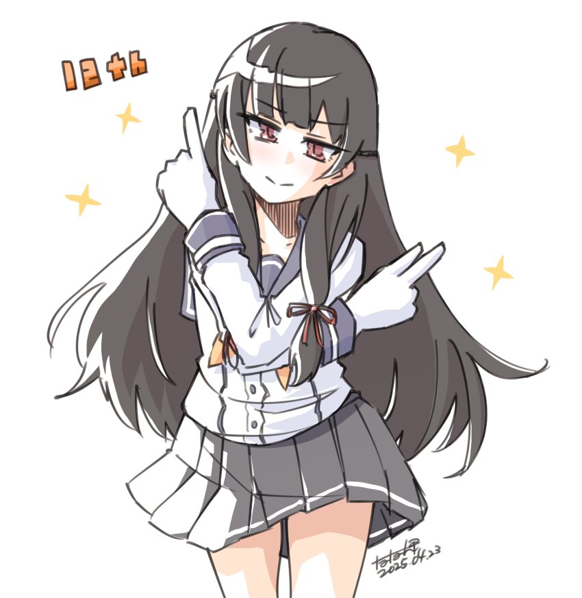 1girl anniversary black_hair cowboy_shot gloves grey_sailor_collar grey_skirt hair_ribbon highres index_finger_raised isokaze_(kancolle) kantai_collection long_hair long_sleeves looking_at_viewer neckerchief pleated_skirt red_eyes ribbon sailor_collar school_uniform serafuku skirt smile solo sparkle tatahai tress_ribbon v white_background white_gloves yellow_neckerchief