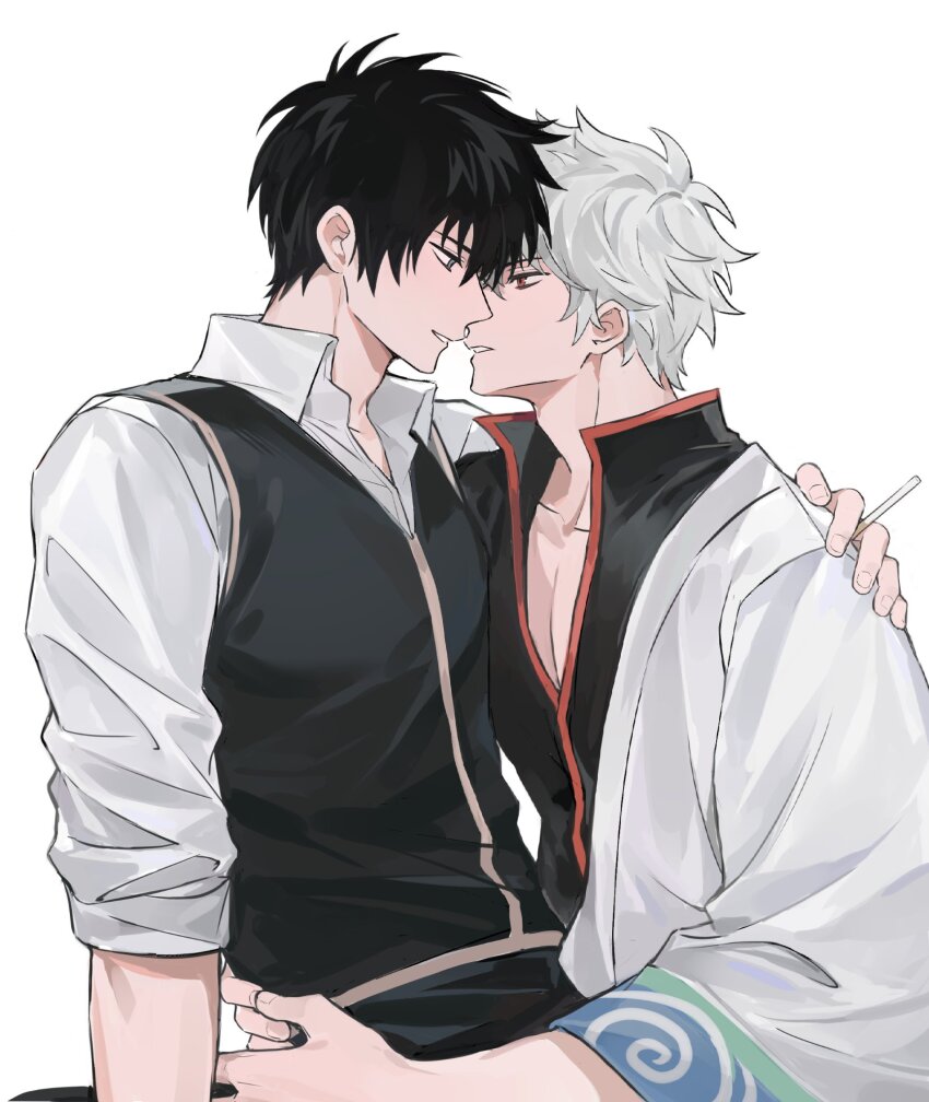 2boys arms_around_waist black_hair black_shirt black_vest cigarette collarbone collared_shirt commentary eye_contact fingernails gintama hand_on_another&#039;s_back hashtag-only_commentary highres hijikata_toushirou holding holding_cigarette imminent_kiss jin_(zhaomu_u) looking_at_another male_focus multiple_boys open_collar parted_lips popped_collar red_eyes red_trim sakata_gintoki shirt simple_background sleeves_rolled_up smile teeth vest wavy_hair white_background white_hair white_shirt wing_collar yaoi