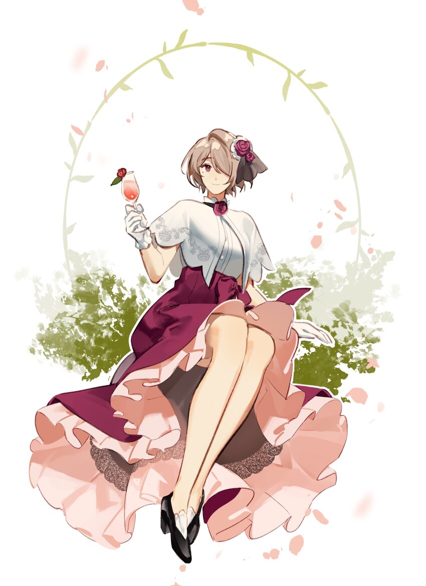 1girl absurdres alcohol black_footwear brown_hair closed_mouth cup drinking_glass flower full_body gloves hair_flower hair_ornament hair_over_one_eye high_heels highres holding holding_cup honkai_(series) honkai_impact_3rd invisible_chair looking_at_viewer mole mole_under_eye petals purple_eyes purple_flower purple_rose purple_skirt rita_rossweisse rose shirt short_hair short_sleeves sitting skirt smile solo white_background white_gloves white_shirt wine wine_glass ylceon