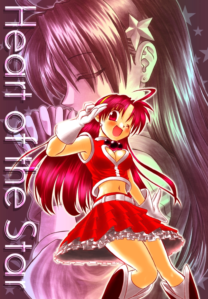 1girl arm_up asamiya_athena breasts cleavage cleavage_cutout closed_eyes clothing_cutout english_text gloves highres large_breasts legs long_hair looking_at_viewer midriff multiple_girls one_eye_closed open_mouth own_hands_clasped pink_eyes praying salute skirt smile snk solo the_king_of_fighters the_king_of_fighters_2003 thighs tongue traditional_media two-finger_salute wink