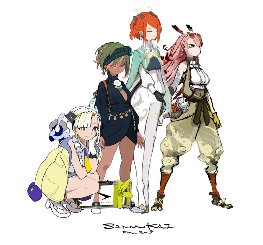 4girls cleavage_cutout closed_eyes clothing_cutout dark-skinned_female dark_skin dated english_text grey_hair high_heels jacket jacket_on_shoulders kneeling multiple_girls open_clothes open_jacket orange_hair original pink_hair pointy_ears sandals siirakannu white_hair