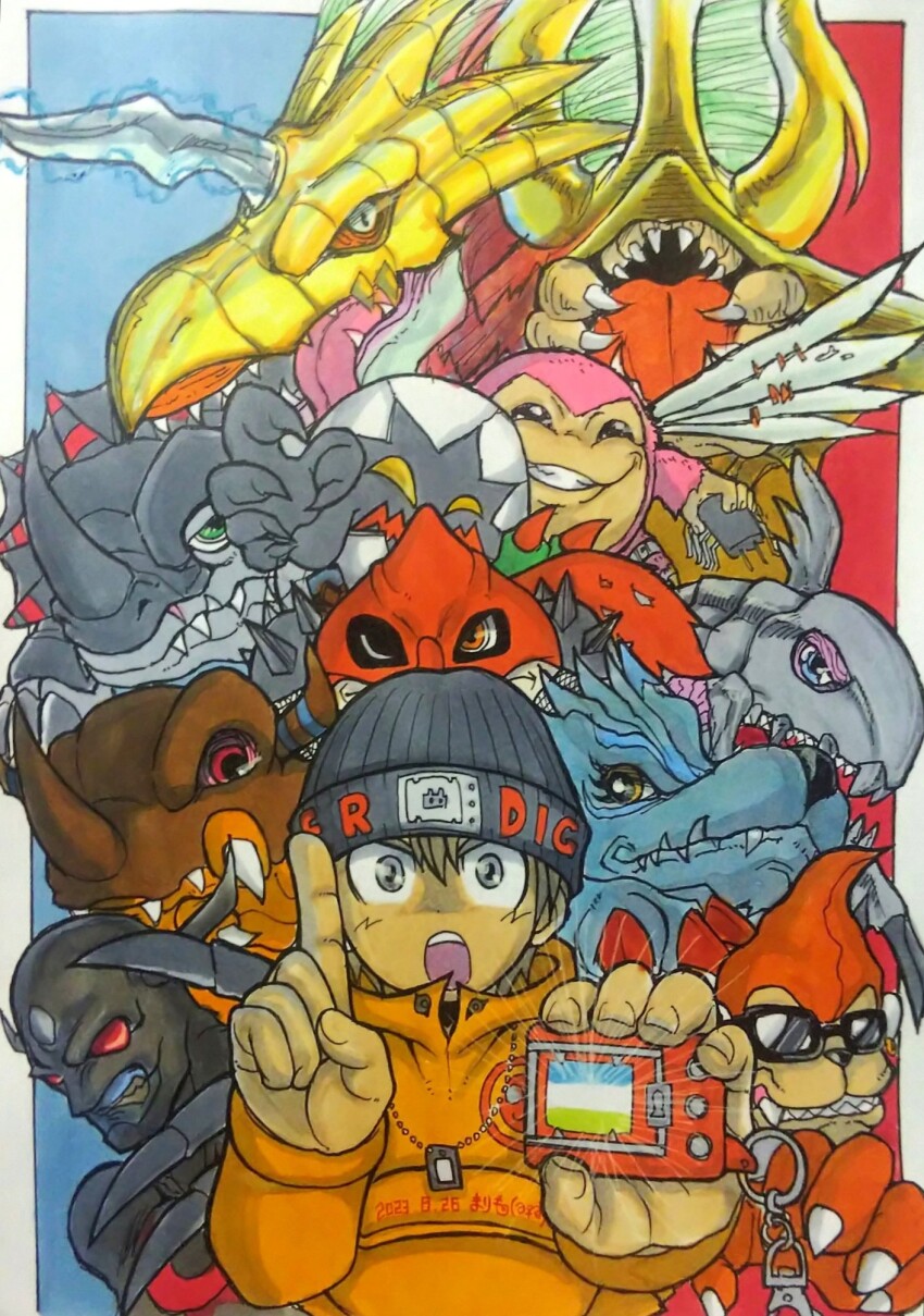 coelamon devimon digimon digimon_(creature) digitamamon etemon garurumon greymon hat heraklekabuterimon highres igamon looking_at_viewer mameo_(digimon) monochromon open_mouth picklemon red_eyes sharp_teeth sunglasses teeth waruseadramon wings