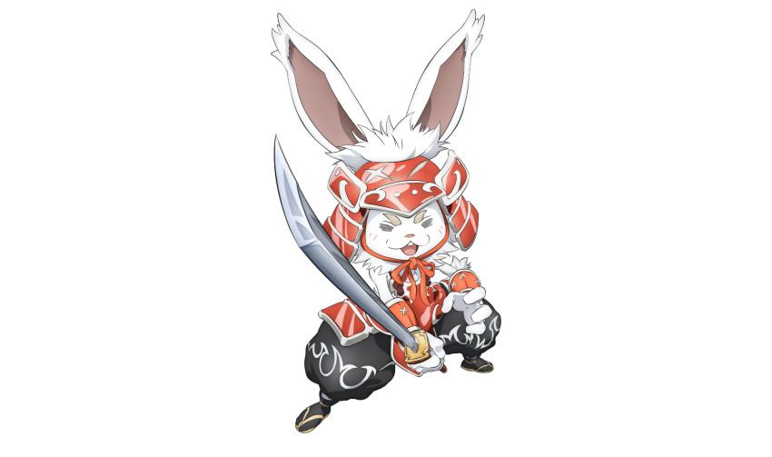 1other armor ceecrue_(shangri-la_frontier) full_body helmet highres holding holding_sword holding_weapon japanese_armor kabuto_(helmet) katana no_humans official_art open_mouth rabbit samurai shangri-la_frontier solo sword tachi-e transparent_background v-shaped_eyebrows weapon