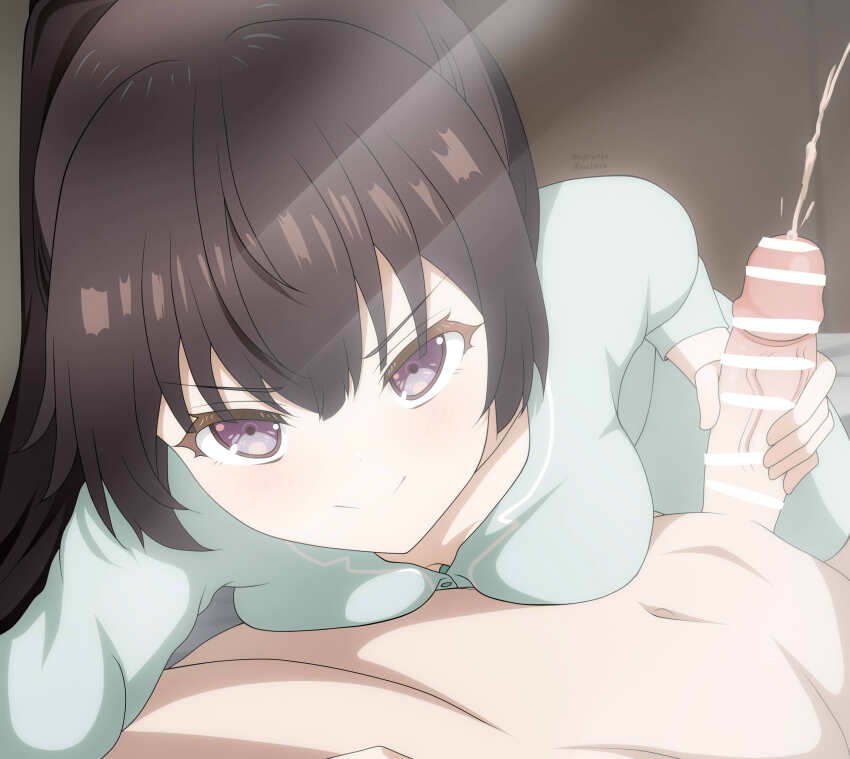 1boy 1girl absurdres audirenze breast_press breasts brown_hair collarbone cum downblouse ejaculation girl_on_top good_morning_my_brother_(meme) grey_eyes handjob highres long_hair long_sleeves looking_at_viewer medium_breasts penis pov projectile_cum smile suou_yuki tokidoki_bosotto_roshia-go_de_dereru_tonari_no_alya-san