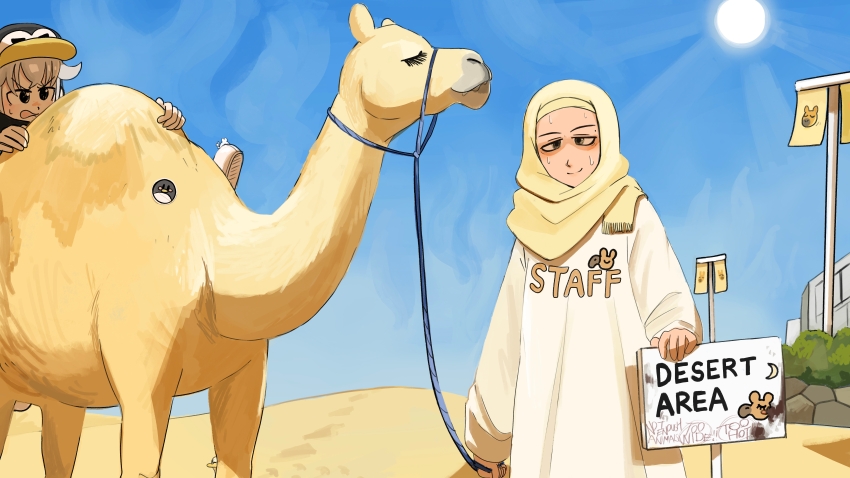 2girls absurdres bird camel commentary desert desert_area_keeper_(diva) diva_(hyxpk) donut_stamp duck english_commentary grey_hair hat highres hijab multiple_girls penguin_hat penguin_keeper_(diva) robe rope sand sun sweat white_robe yellow_hijab zoo zookeeper zookeepers_(diva)