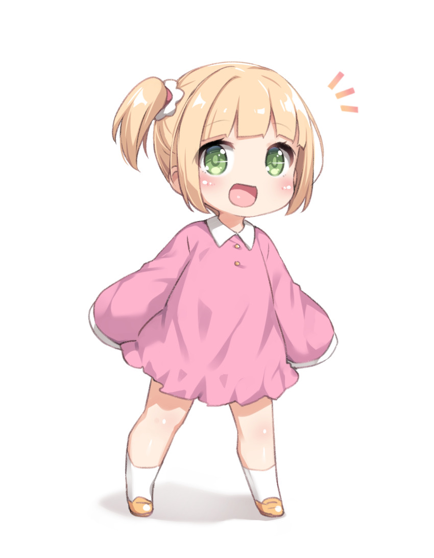 1girl :d blonde_hair child collared_dress commentary dress full_body green_eyes hair_ornament hair_scrunchie highres long_sleeves looking_at_viewer no_nose notice_lines open_mouth original pink_dress scrunchie shoes short_hair side_ponytail sidelocks sleeves_past_fingers sleeves_past_wrists smile socks solo standing symbol-only_commentary tamase_tama white_background white_scrunchie white_socks yellow_shoes